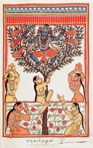 Krishna stealing the clothes of the Gopi swimming in the River Yamuna by Indian School
