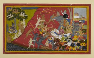 Lakshmana, Hanuman, and Vibhishana Attack Indrajit; News Reaches Rama by Indian School