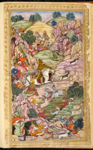 The Emperor Babur Hunting, between Ali Shang and Alangar, in the Kabul region (Afghanistan). Miniature from the Persian manuscript Vaqi at i Baburi, memoirs of the Mughal Emperor Babur (Zahir ud din Muhammad) (1483-1530), India, circa 1590. The British Lib by Indian School