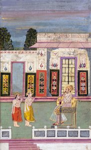 Maharaja Sawai Jai Singh greeted by two crowned men by Indian School