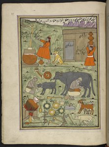 Milkmen of the Gujar caste in the forest, 86 drawings bound into a volume depicting trades and occupations in Kashmir, Craftsmen are shown at work with their implements and equipment, By a Kashmir artist, probably at Srinagar by Indian School