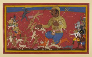 Monkeys and gods press their attack on Kumbhakarna by Indian School