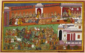 Monkeys, bears, and others gather as Rama departs, with attendants carrying the sacrificial fire by Indian School