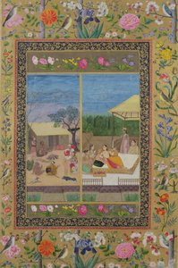 Musicians and Listeners by a Fire and a Noblewoman with her Servants, from a Moraqqa