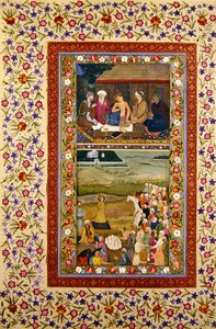 Young man with his teachers and Payment of tribute to a ruler, miniatures from a Muraqqa album