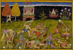 Narada urges Ravana to challenge Yama instead of mortals, as demons ravage forest rishis by Indian School