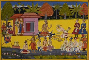 On his way to confront Lavana, Shatrughna rests at Valmiki