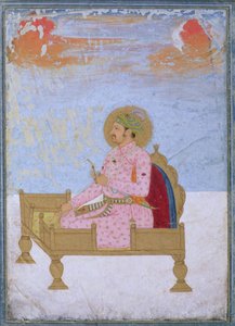 Portrait of the Emperor Jahangir (1569-1627) seated on a throne holding a sarapesh, Mughal, c.1720-40 by Indian School