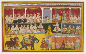 Rama listens to Lava and Kusha chant the Ramayana, with monkeys and Vibhishana by Indian School