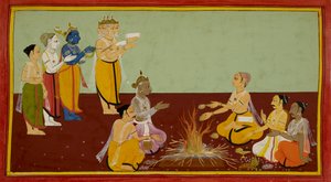 Rishyasringa performs a son-obtaining ceremony, chanting mantras and making offerings by Indian School