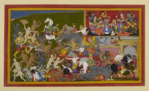 Rama and Lakshmana slay demons as female titans mourn, recalling a prophecy by Indian School