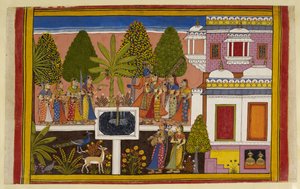 Rama and Sita Relax in the Ashoka Grove, Enjoying Wine and Music, Surrounded by the Lush Garden by Indian School