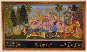 Rama, in his tiger skin, spends three days pleading with the Ocean, but it remains unresponsive. c1653 (miniature) by Indian School