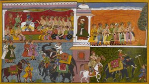 Rama sends courtiers to investigate rumors about Sita, with them departing on horseback and elephants by Indian School