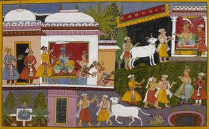 Rama tells Lakshmana the story of King Nriga and the two Brahmins upon his return by Indian School
