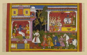 Rama wakes to praises, bathes, and sits in his throne room, where everyone pays homage to him by Indian School