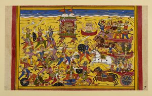 Ravana battles the Nivatakavacas for a year until Brahma intervenes and they make peace by Indian School