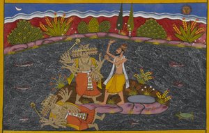 Ravana battles the mahatma, the sage Kapila, who vanquishes him by Indian School