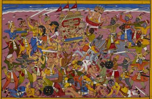 Ravana fights Yama, but Brahma intervenes to protect him by Indian School