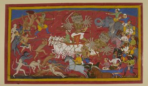 Ravana fights fiercely but falls amid battle with Lakshmana and allies by Indian School