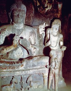 Seated Buddha making the first teaching gesture, from the Caitya Hall of Cave 10 by Indian School