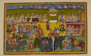 Sita is vindicated when the Earth goddess receives her, confirming her virtue in front of the assembly by Indian School