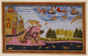 Sita prays for Hanuman, who reassures her and returns, flying through the clouds, showered with flowers. 1653 by Indian School