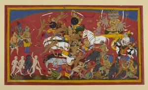 Sugriva and Angada kill demon foes in battle by Indian School