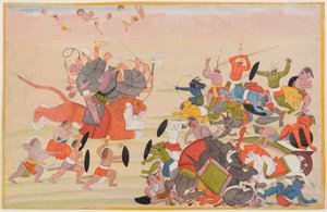 The Devi defeats Mahishasura, folio from a dispersed Devi Mahatmya series, c.1770-80 by Indian School