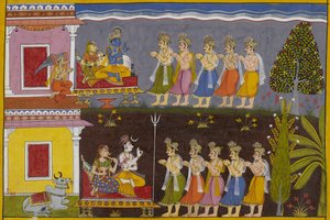 The gods ask Shiva to destroy the rakshasas; he directs them to Vishnu, who agrees by Indian School