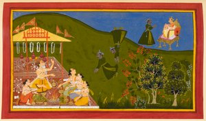 Trishanku ascends to heaven but is told by Indra to return to earth, and as he falls, he calls out to Vishvamitra for help by Indian School