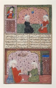 Two men in a room with decorated walls by Indian School