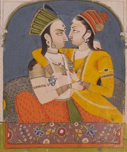 Two queens sharing a drink, from Lovers embrace in an alcove by Indian School