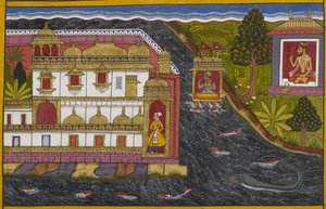 Vaisravana crosses the ocean to Lanka as Visravas sits in his hut