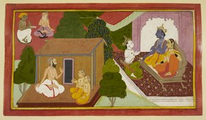 Valmiki teaches Kusha and Lava, while Rama and Sita are advised by a messenger by Indian School