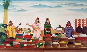 Vegetable and Spice Market at Benares by Indian School