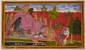 Vibhishana abandons Ravana and, with his followers, joins Rama, bowing before him. 1653 (miniature) by Indian School