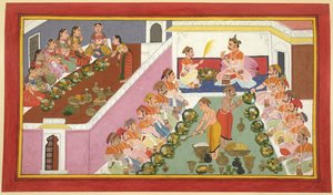 Visvamitra, His Attendants, and His Army Enjoy a Sumptuous Feast at the Hermitage by Indian School