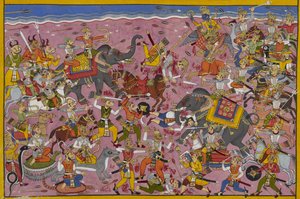 Vishnu battles the demons; Mali falls, pierced by a lance by Indian School