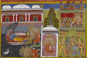 Vishnu rests with Lakshmi as Ravana falls, then abducts women in his chariot by Indian School