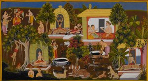 Vishvamitra discovers the hermitage of the sage Vasishtha by Indian School