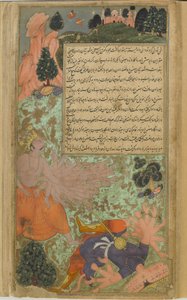Arjuna fells Ravana with his mace and advances to capture him with his thousand arms