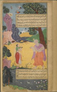Sukracarya advises his daughter Aruja to remain beside the lake near his hermitage while a dust storm devastates the accursed kingdom of Danda by Indian School
