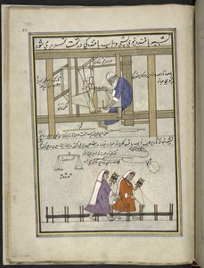 Weaver at a loom making coarse cloth (patu); women stick-warping, 86 drawings bound into a volume depicting trades and occupations in Kashmir, Craftsmen are shown at work with their implements and equipment, By a Kashmir artist, probably at Srinagar by Indian School