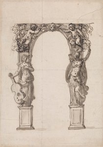 Design for a Temporary Arch Ornamented with Putti and Allegorical Figures of Music and War by Inigo Jones
