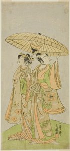 The Actors Ichikawa Komazo II as Chunagon Yukihira (right), and Iwai Hanshiro IV as Murasame (left), in the Play Kuni no Hana Ono no Itsumoji, Performed at the Nakamura Theater in the Eleventh Month, 1771 by Ippitsusai Bunchō