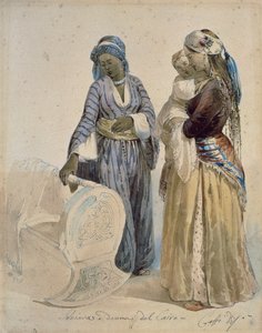 Slave and Woman of Cairo, Watercolor Drawing by Ippolito Caffi