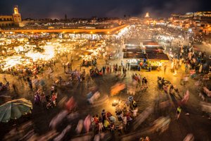 Looking down on Jemaa el-Fnaa, the market square in the medina, Marrakech (photo) by Ira Block