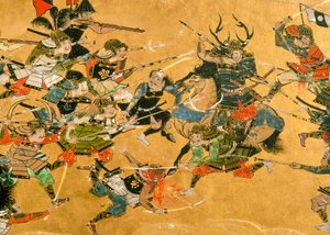 Middle two panels depicting scenes from the Battle of Osaka, Japan, 2005 by Ira Block