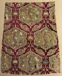 Brocaded Velvet with Falconer and Attendant in Animated Lattice, from a Robe by Iranian School